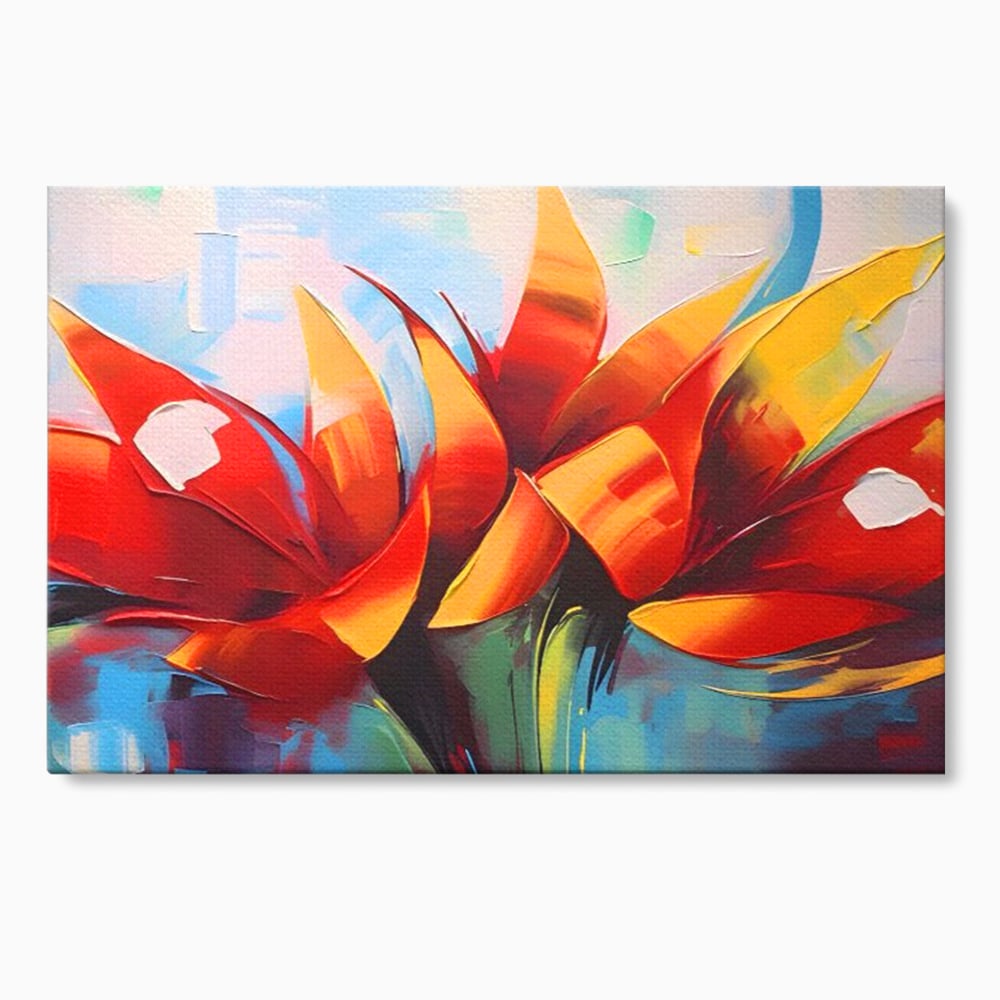 Tablou canvas cu pictura abstracta cu flori portocalii, fara rama, pe sasiu de lemn